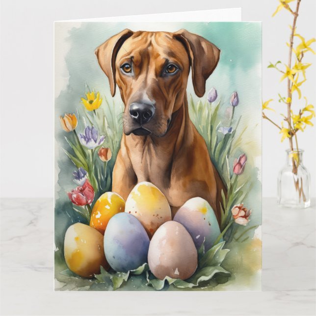Tarjeta Perro Ridgeback de Rodesia con Fiesta de Huevos de (flor amarilla)
