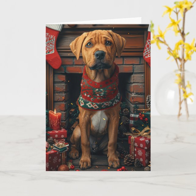 Tarjeta Perro Ridgeback Rodesiano Con Regalos De Navidad  (flor amarilla)