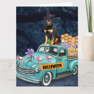 Tarjeta Perro Rottweiler Camión de Halloween Noche Espeluz
