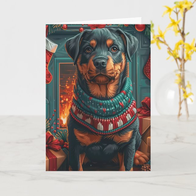 Tarjeta Perro Rottweiler con chimenea de regalos de Navida (flor amarilla)