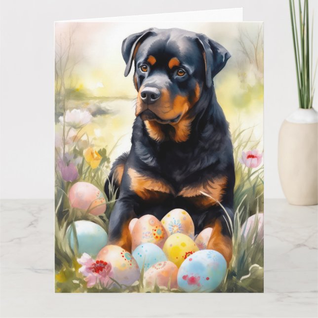 Tarjeta Perro Rottweiler con huevos de Pascua Fiesta  (Anverso)