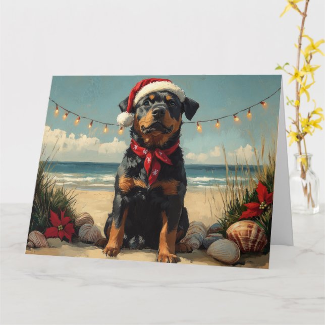 Tarjeta Perro Rottweiler Navidad Vintage Playa (flor amarilla)