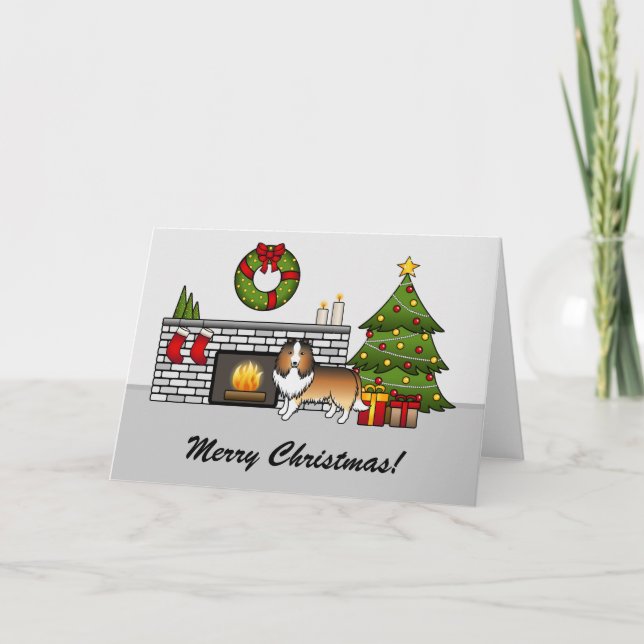 Tarjeta Perro Sable Sheltie en una habitación de Navidad y (Anverso)