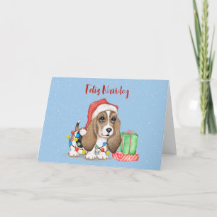 Tarjeta Perro sabueso de Navidad en luces enredadas