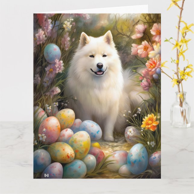 Tarjeta Perro samoyado con festividad de huevos de Pascua (flor amarilla)