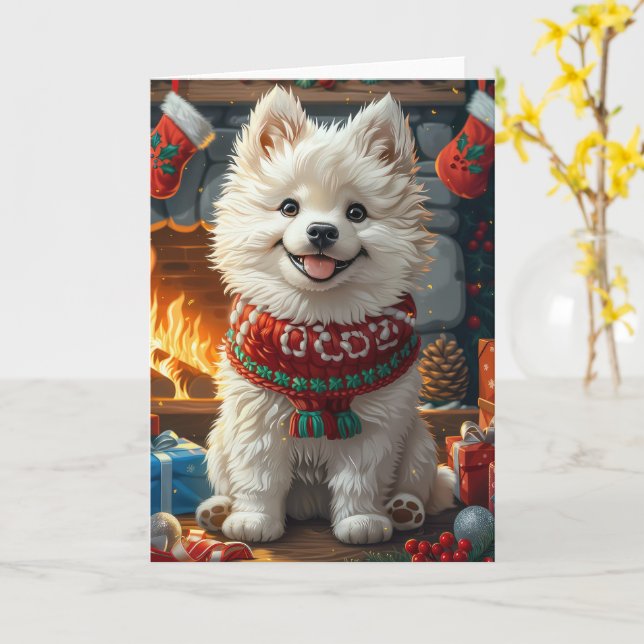 Tarjeta Perro samoyado con Navidades regalos chimenea (flor amarilla)