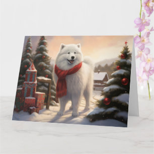 Tarjeta Perro samoyano en Navidades de nieve