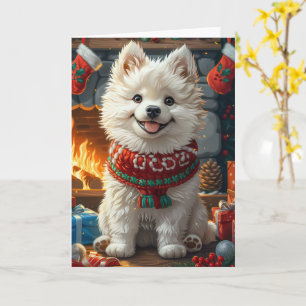Tarjeta Perro Samoyedo Con Regalos De Navidad Chimenea