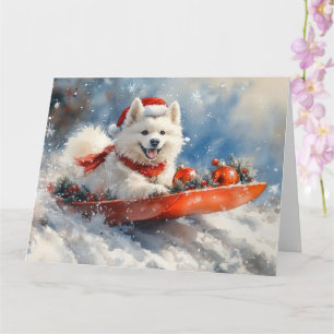 Tarjeta Perro Samoyedo en Trineo Deja que Nieve Navidad