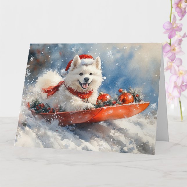 Tarjeta Perro Samoyedo en Trineo Deja que Nieve Navidad (Orquídea)