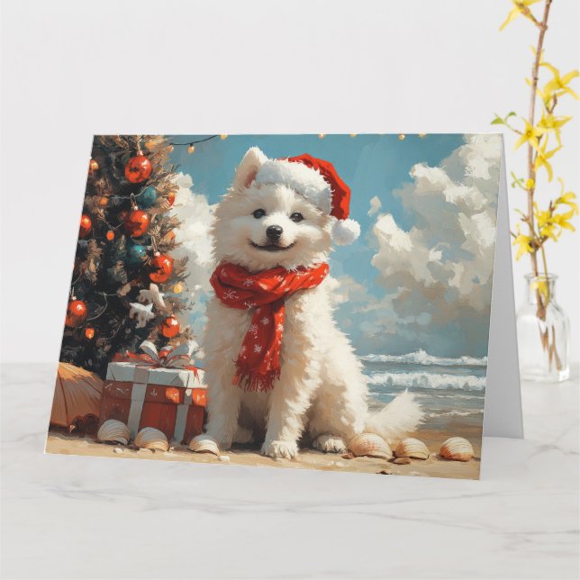 Tarjeta Perro Samoyedo Navidad Playa Vintage (flor amarilla)