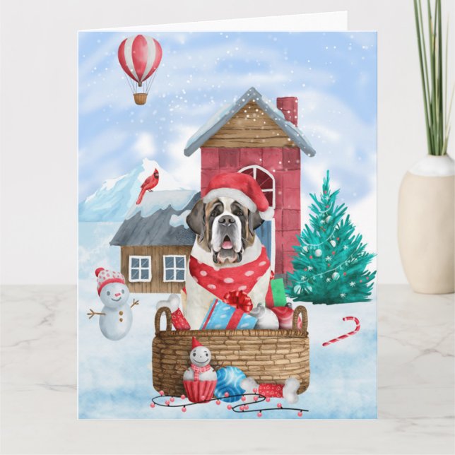Tarjeta Perro San Bernardo en casa de Navidad con nieve (Anverso)