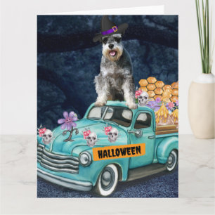 Tarjeta Perro Schnauzer Camión de Halloween Noche Espeluzn