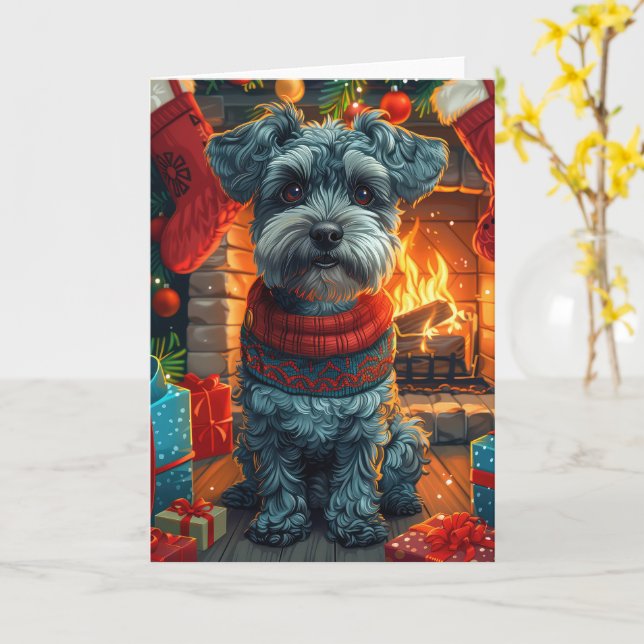 Tarjeta Perro Schnauzer con chimenea de regalos de Navidad (flor amarilla)
