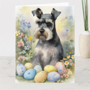 Tarjeta Perro Schnauzer con festividad de huevos de Pascua