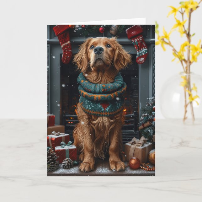 Tarjeta Perro Setter Rojo Irlandés con chimenea de regalo  (flor amarilla)