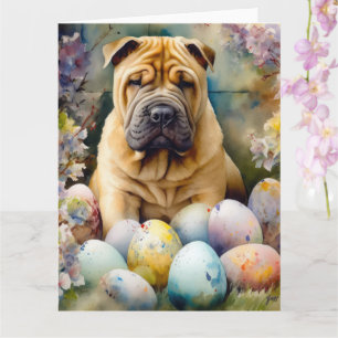 Tarjeta Perro Shar Pei con festividad de huevos de Pascua