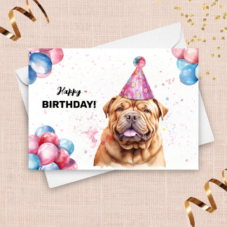 Tarjeta Perro Shar Pei con globos y Gorra Fiesta Cumpleaño