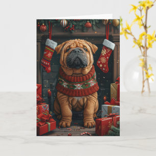 Tarjeta Perro Shar Pei con regalos de Navidad Chimenea
