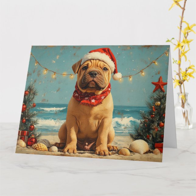 Tarjeta Perro Shar Pei Navidad Vintage Playa (flor amarilla)