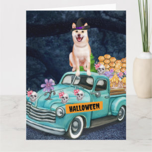 Tarjeta Perro Shiba Inu Camión de Halloween Noche Espeluzn