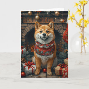 Tarjeta Perro Shiba Inu con regalos de Navidad en la chime