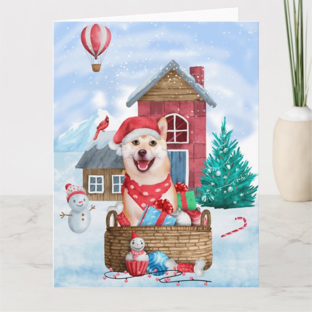 Tarjeta Perro Shiba Inu en casa de Navidad con nieve (Anverso)