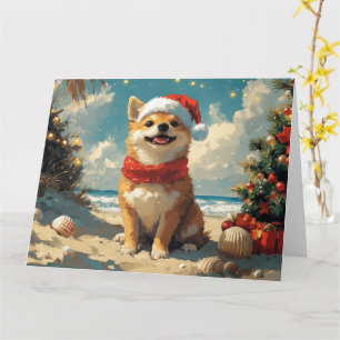 Tarjeta Perro Shiba Inu Navidad Playa Vintage