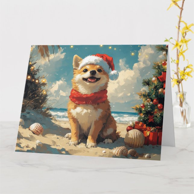 Tarjeta Perro Shiba Inu Navidad Playa Vintage (flor amarilla)