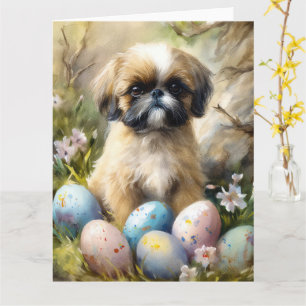 Tarjeta Perro Shih Tzu con festividad de huevos de Pascua