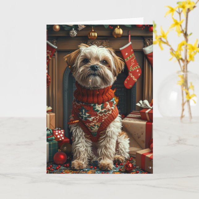 Tarjeta Perro Shih Tzu con regalos de Navidad Chimenea (flor amarilla)