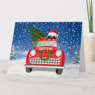 Tarjeta Perro Shih Tzu conduciendo un coche en Navidad con