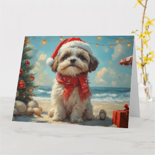Tarjeta Perro Shih Tzu Navidad Vintage Playa