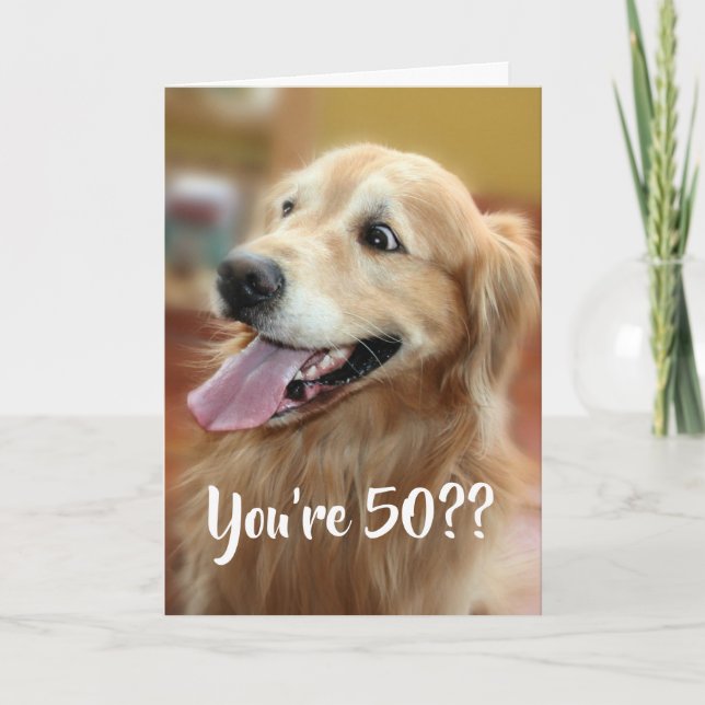 Tarjeta Perro sorprendido recuperador de oro 50 cumpleaños (Anverso)