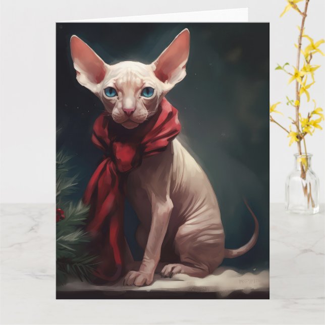 Tarjeta Perro Sphynx en Navidad con Nieve (flor amarilla)