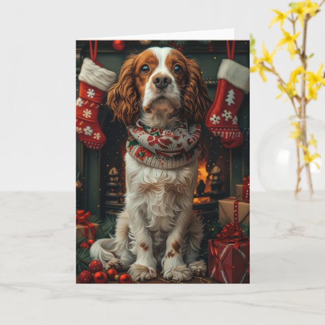 Tarjeta Perro Springer Spaniel con chimenea de regalo de N (flor amarilla)