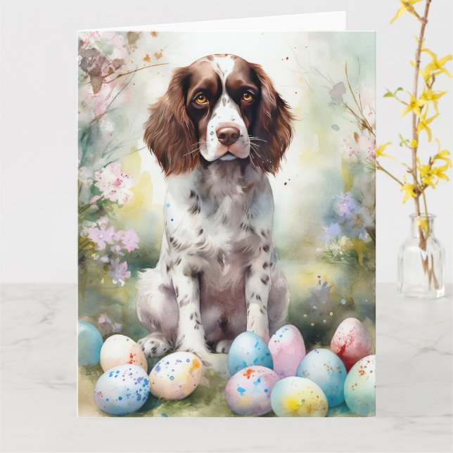Tarjeta Perro Springer Spaniel con festividad de huevos de (flor amarilla)
