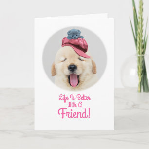 Tarjeta Perro suave y esponjoso con un gato en la cabeza d