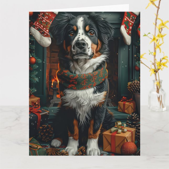 Tarjeta Perro suizo con chimenea de regalos de Navidades (flor amarilla)