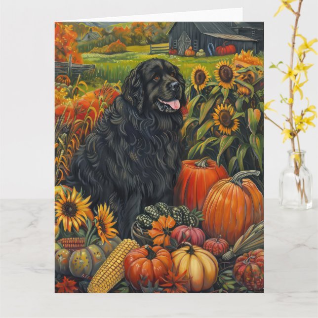 Tarjeta Perro Terranova Cosecha de Otoño Día de Acción de  (flor amarilla)