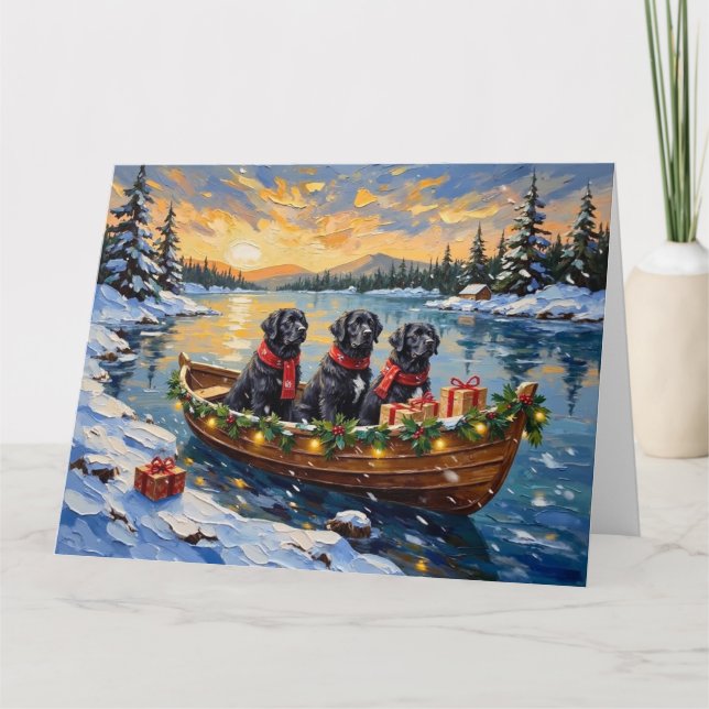 Tarjeta Perro Terranova Navidad Barco Fiesta (Anverso)