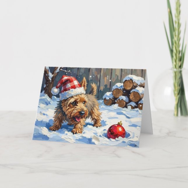 Tarjeta Perro Terrier Cairn Espirituoso Cavando para Navid (Anverso)