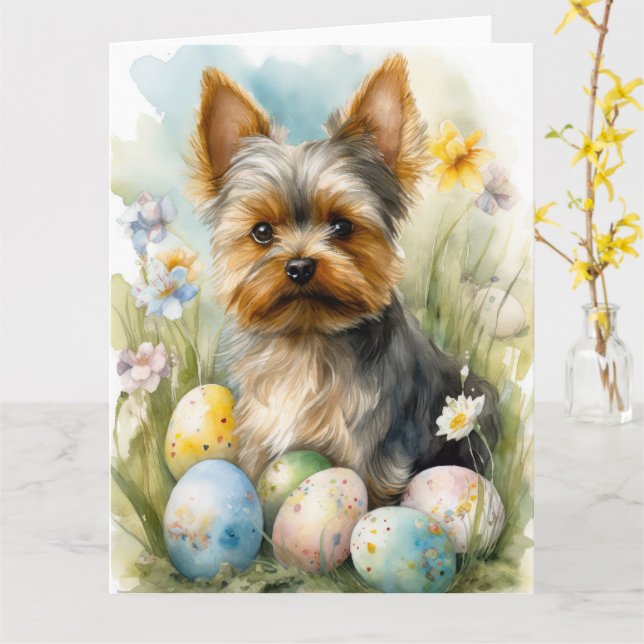 Tarjeta Perro Terrier de Yorkshire con festividad de huevo (flor amarilla)