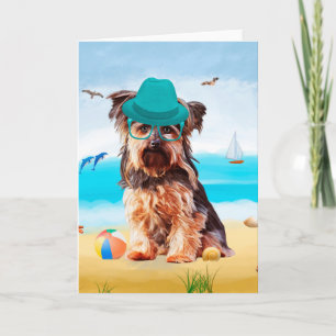 Tarjeta Perro Terrier de Yorkshire en la playa