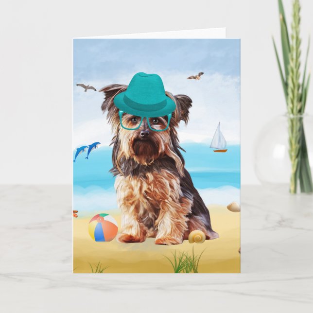 Tarjeta Perro Terrier de Yorkshire en la playa (Anverso)