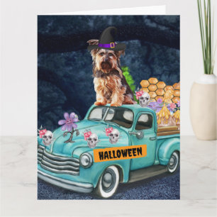 Tarjeta Perro Terrier de Yorkshire Halloween Camión Noche