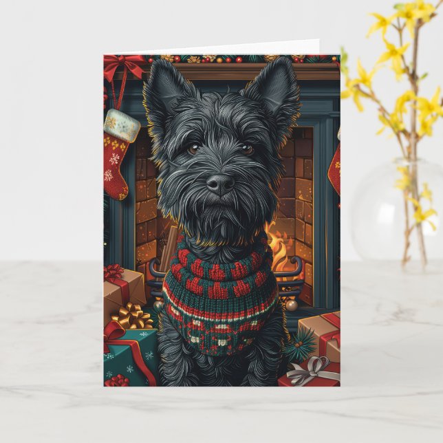 Tarjeta Perro Terrier Escocés Con Regalos De Navidad  (flor amarilla)