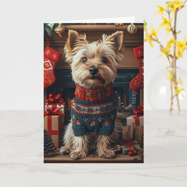 Tarjeta Perro Terrier Skye con regalos de Navidad Chimenea (flor amarilla)