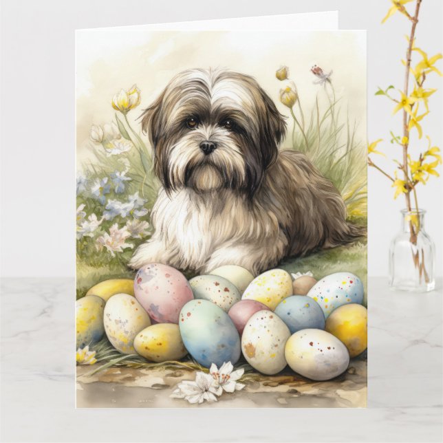 Tarjeta Perro Terrier Tibetano con huevos de Pascua (flor amarilla)