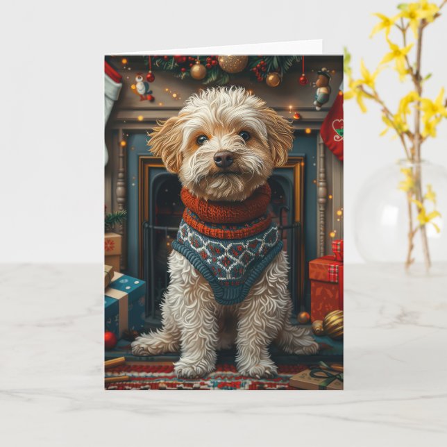 Tarjeta Perro Terrier Tibetano con regalos de Navidad Chim (flor amarilla)